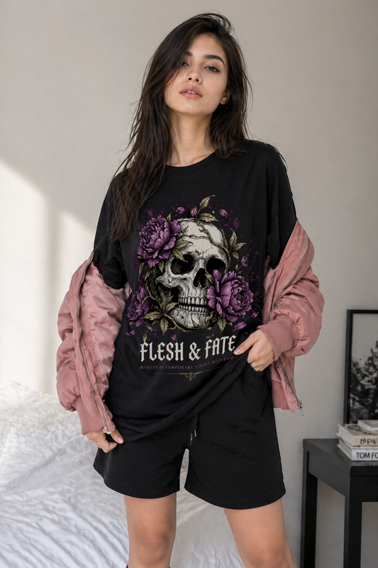 Flesh & Fate Oversized T-Shirt β Gothic Skull Floral Graphic Tee (Unisex)