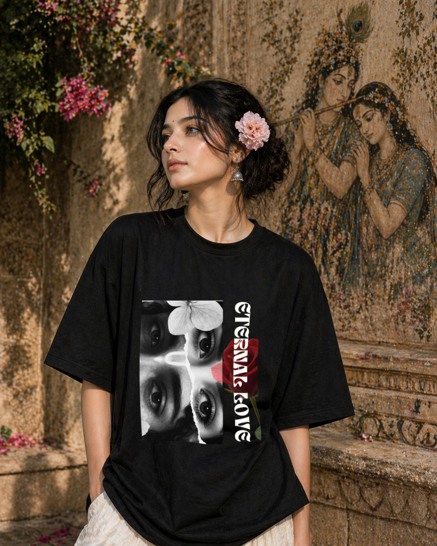 Radha Krishna Inspired Oversized Tee – Eternal Love Print