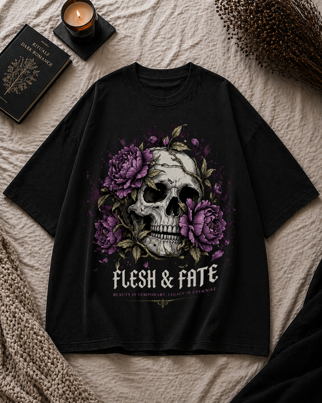 Flesh & Fate Oversized T-Shirt – Gothic Skull Floral Graphic Tee (Unisex)