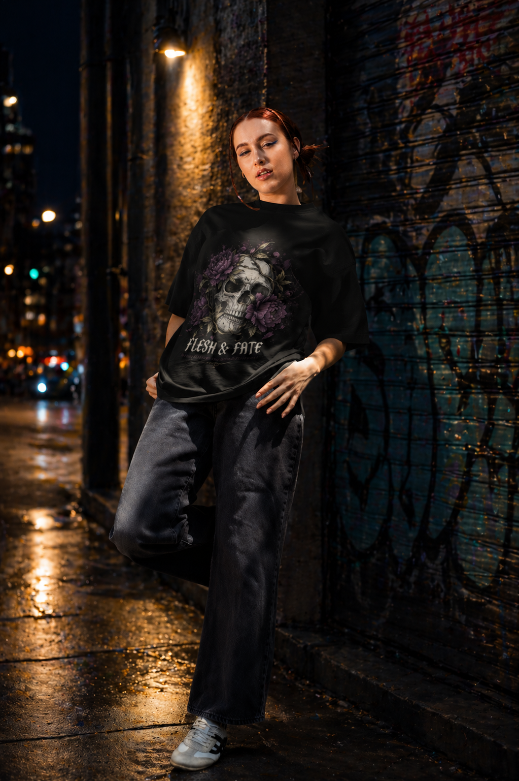 Flesh & Fate Oversized T-Shirt – Gothic Skull Floral Graphic Tee (Unisex)