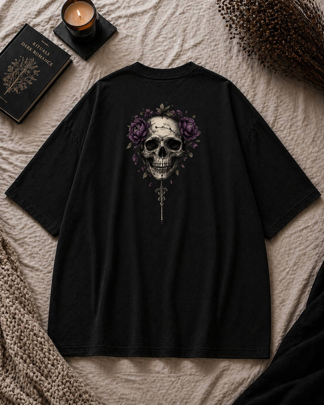 Flesh & Fate Oversized T-Shirt – Gothic Skull Floral Graphic Tee (Unisex)