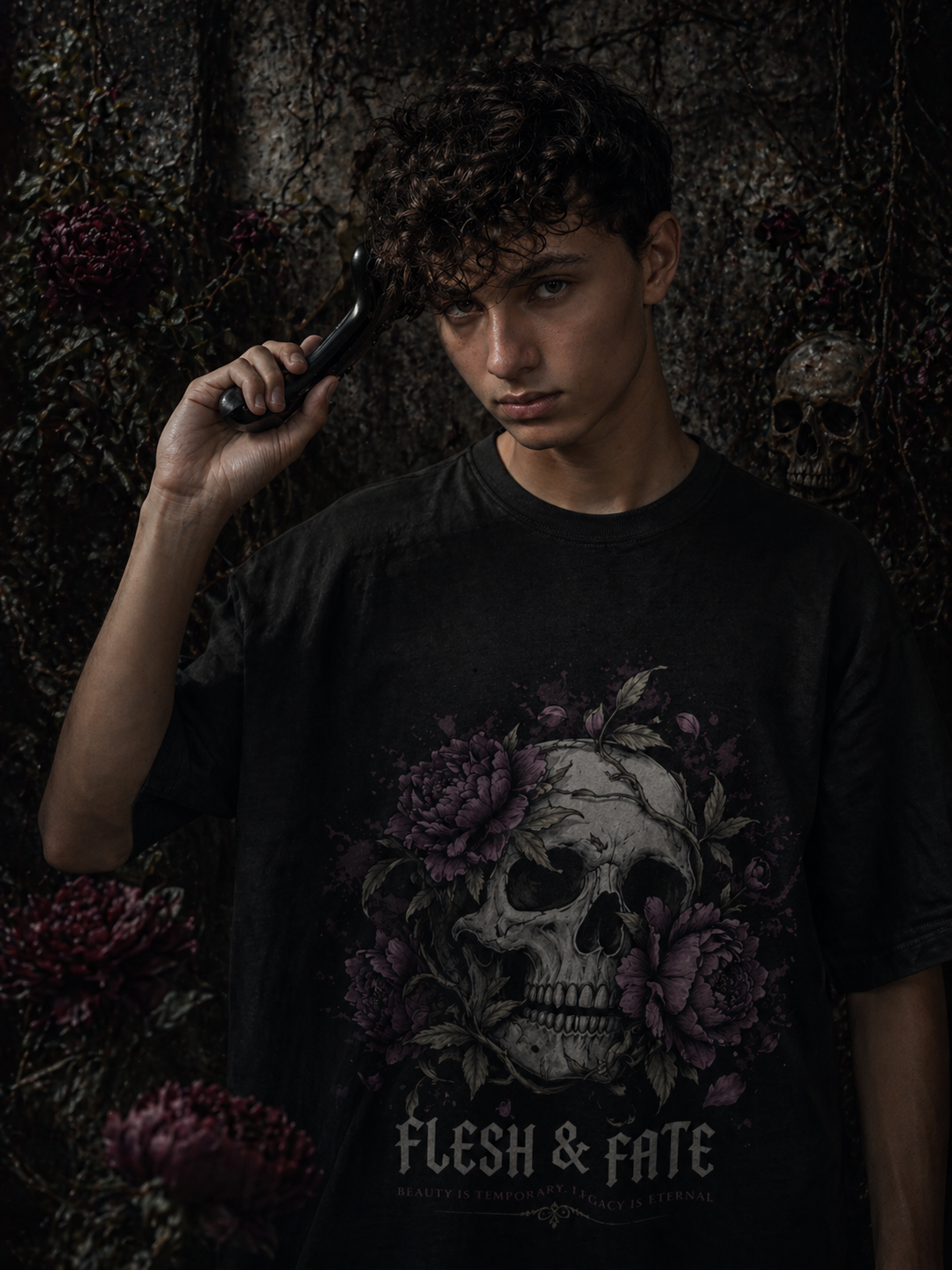 Flesh & Fate Oversized T-Shirt – Gothic Skull Floral Graphic Tee (Unisex)