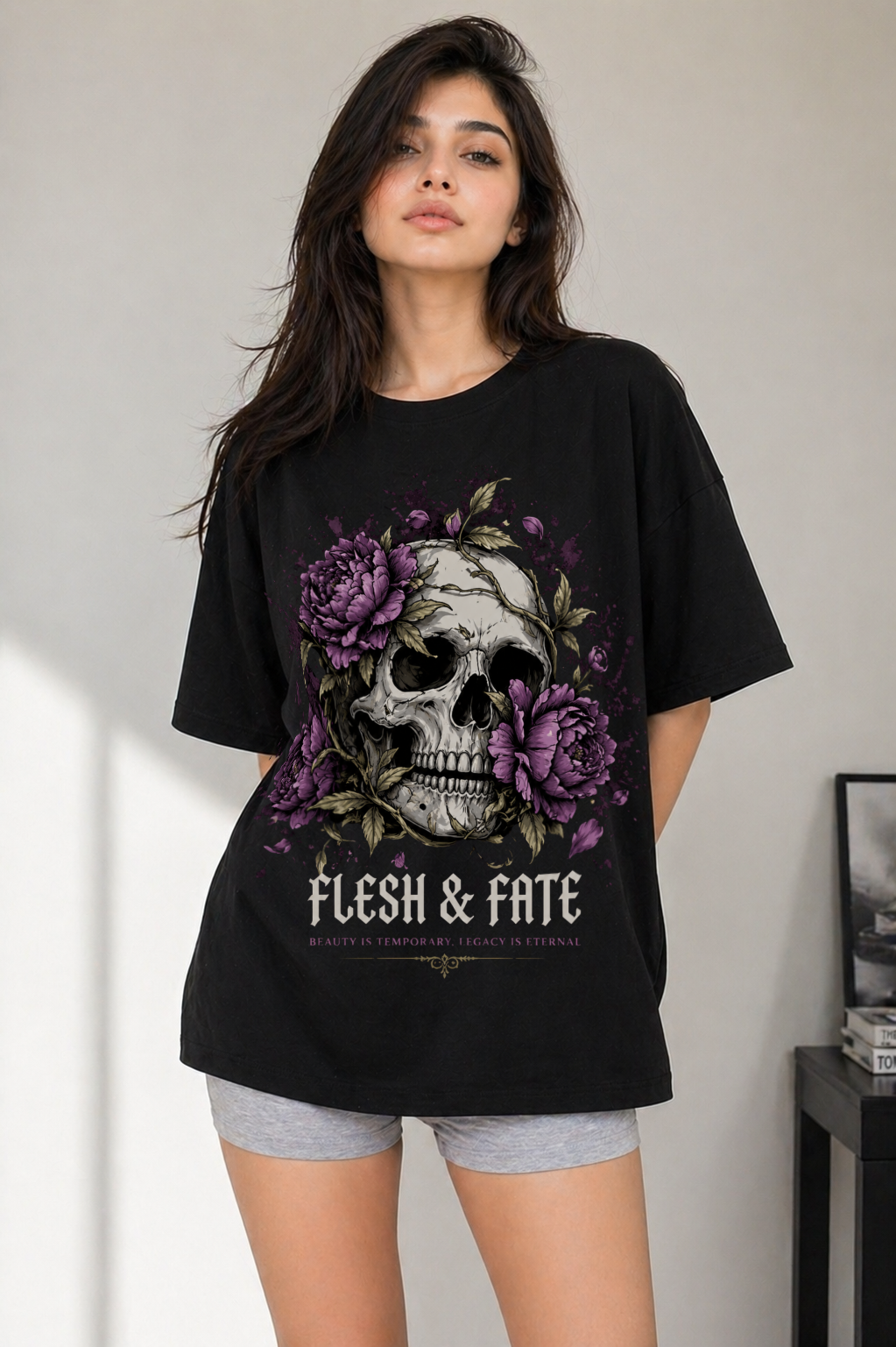 Flesh & Fate Oversized T-Shirt – Gothic Skull Floral Graphic Tee (Unisex)