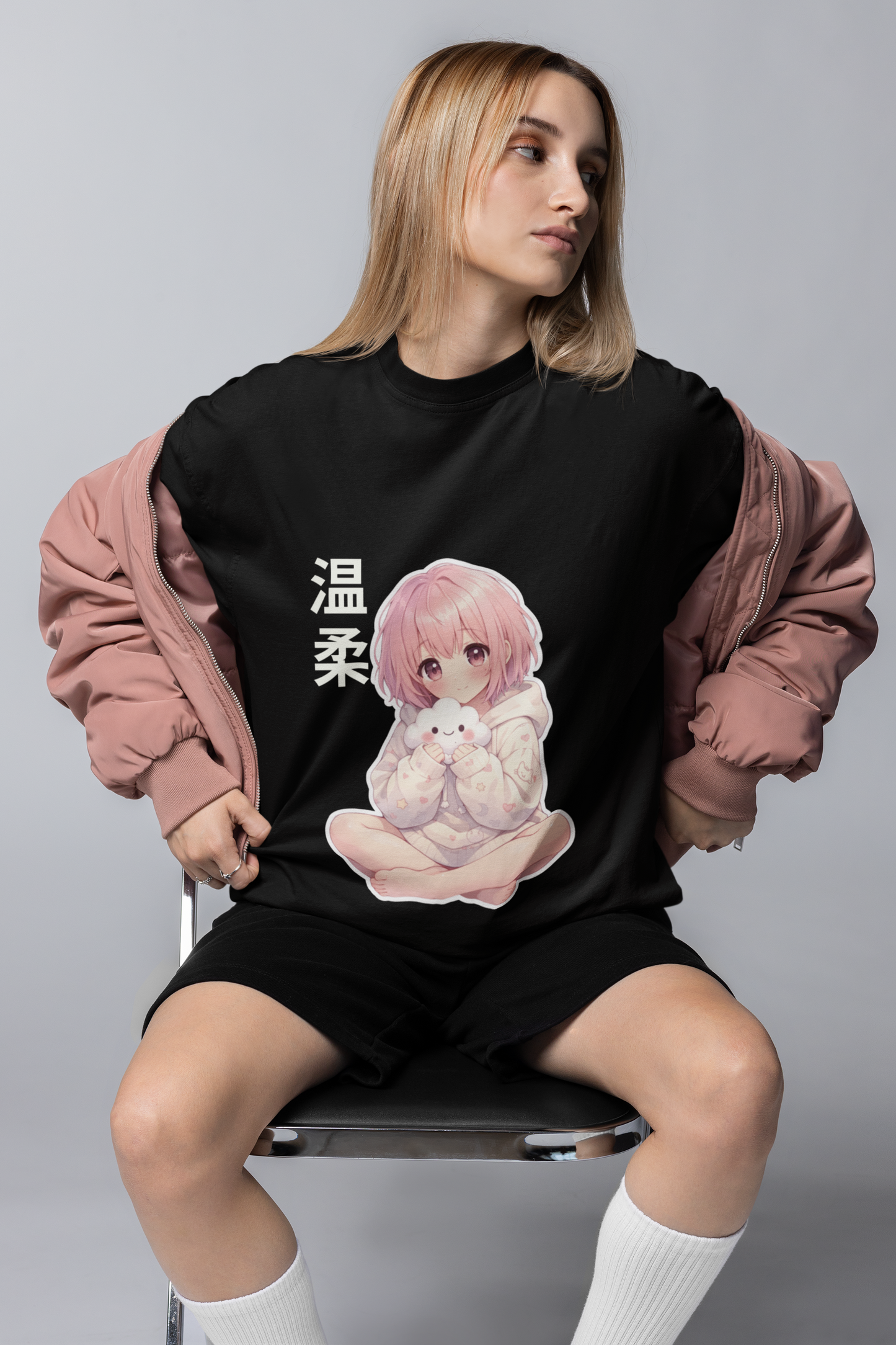 Soft Soul Anime Aesthetic Oversized T-Shirt | Cute Pastel Girl Graphic Tee (Black)
