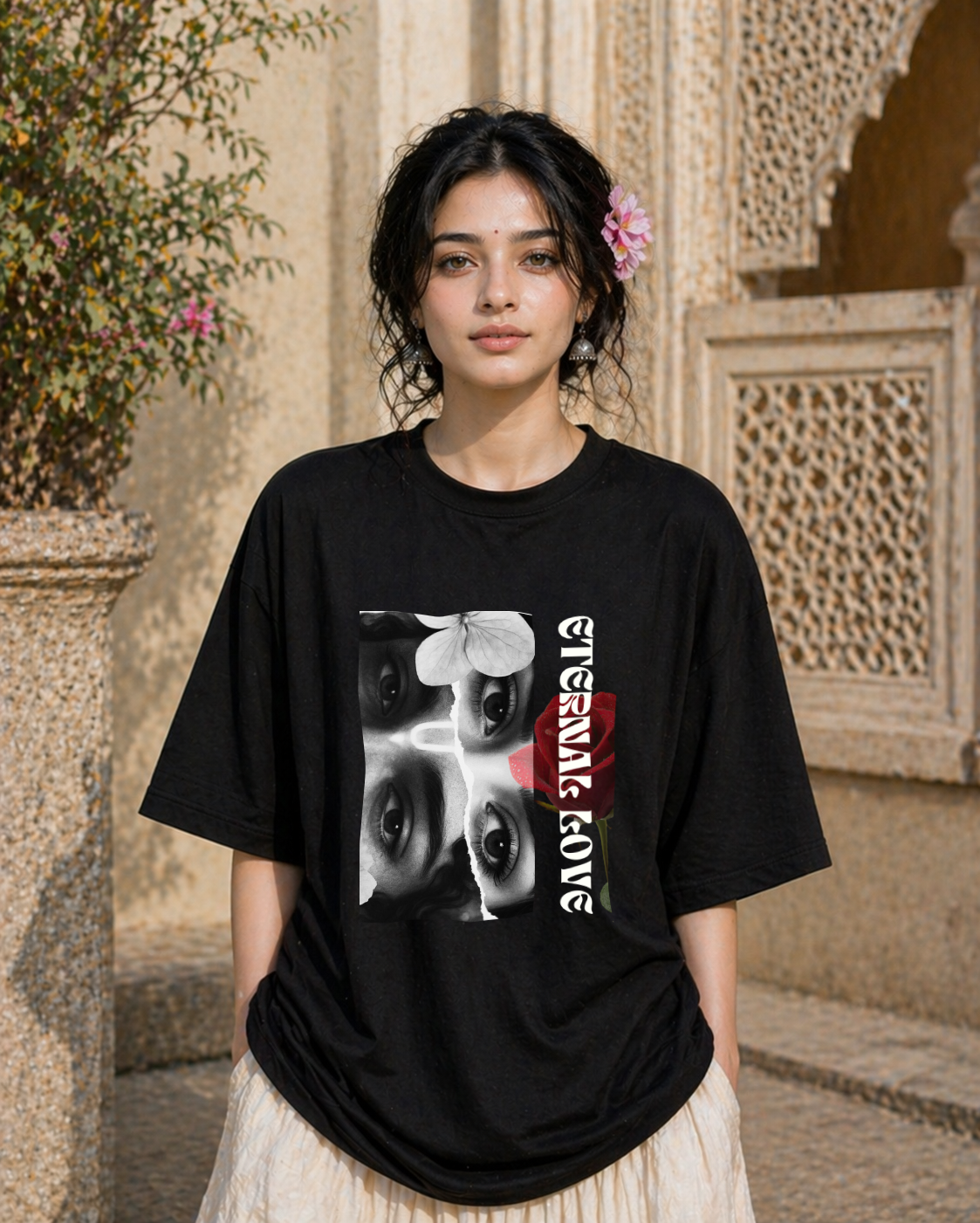 Radha Krishna Inspired Oversized Tee – Eternal Love Print